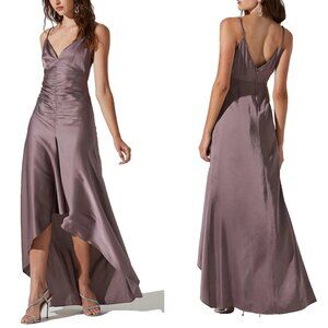 NEW ASTR The Label DUSTY MAUVE Amalia RUCHED Satin RUFFLE Cocktail MAXI DRESS S